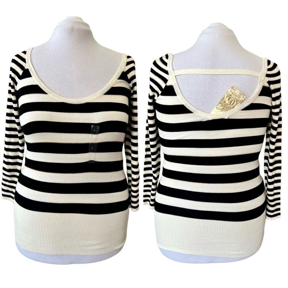Guess Black White Metallic Gold Thread Scoop Neck Long Sweater LARGE Cottagecore